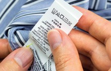 Close-up of a printed fabric label washing instruction